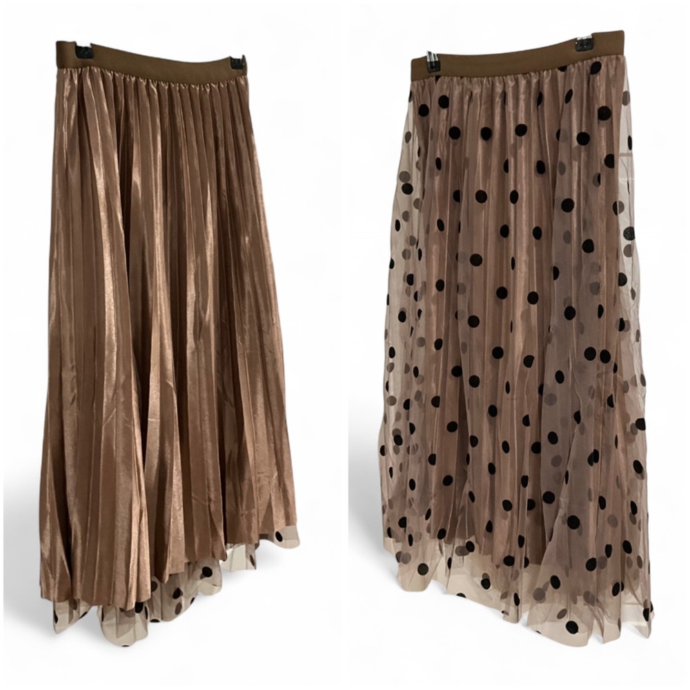 NWT EURO Mesh REVERSIBLE 2 in 1 Polka Dot Lace Flocking Swing A-line Midi Skirt - Picture 5 of 8